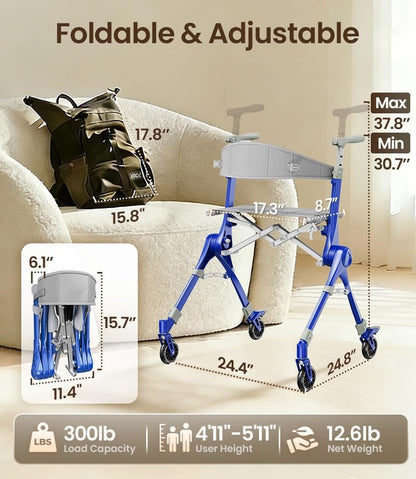 🔥[Hot sale]🔥Ultra Lightweight Foldable Rollator Walker for Adults Dual X‑Design Supports 300 lbs With Foot Brake System Carry Bag Elderly Mobility Aid